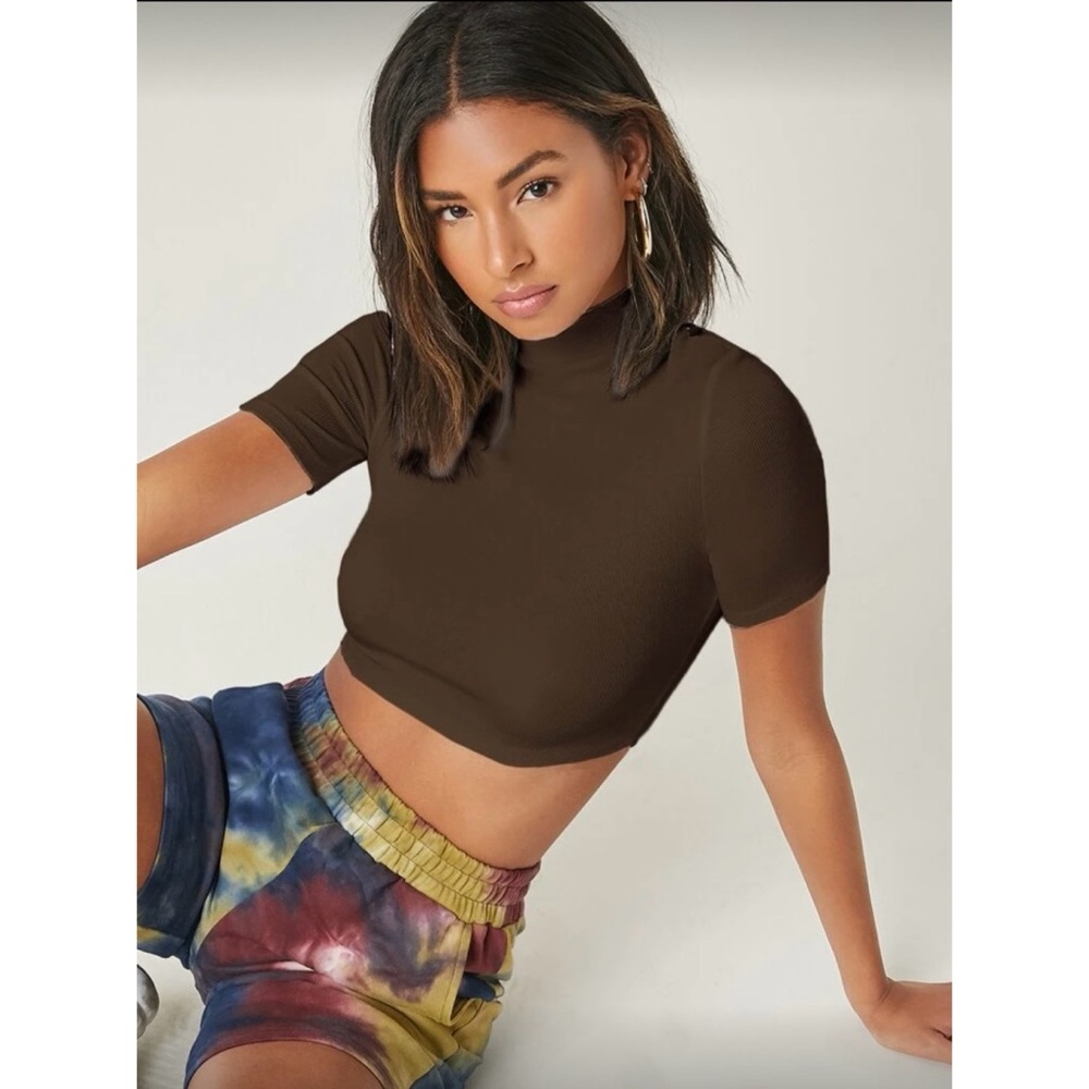 SHEIN Chocolate Brown Mock Neck Crop Top